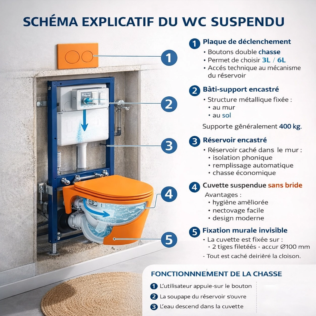 WC suspendu orange sans bride avec bâti mural